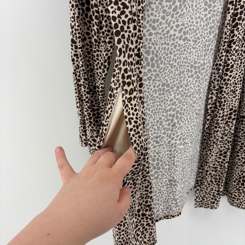 Lands End Cardigan Leopard Print Tan Womens Small 6-8 Longline Open Front Pocket - Picture 2 of 7